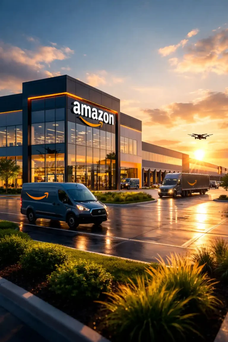 Amazon fulfillment center at sunrise with delivery vans parked outside, reflecting strong logistics operations and revenue growth momentum