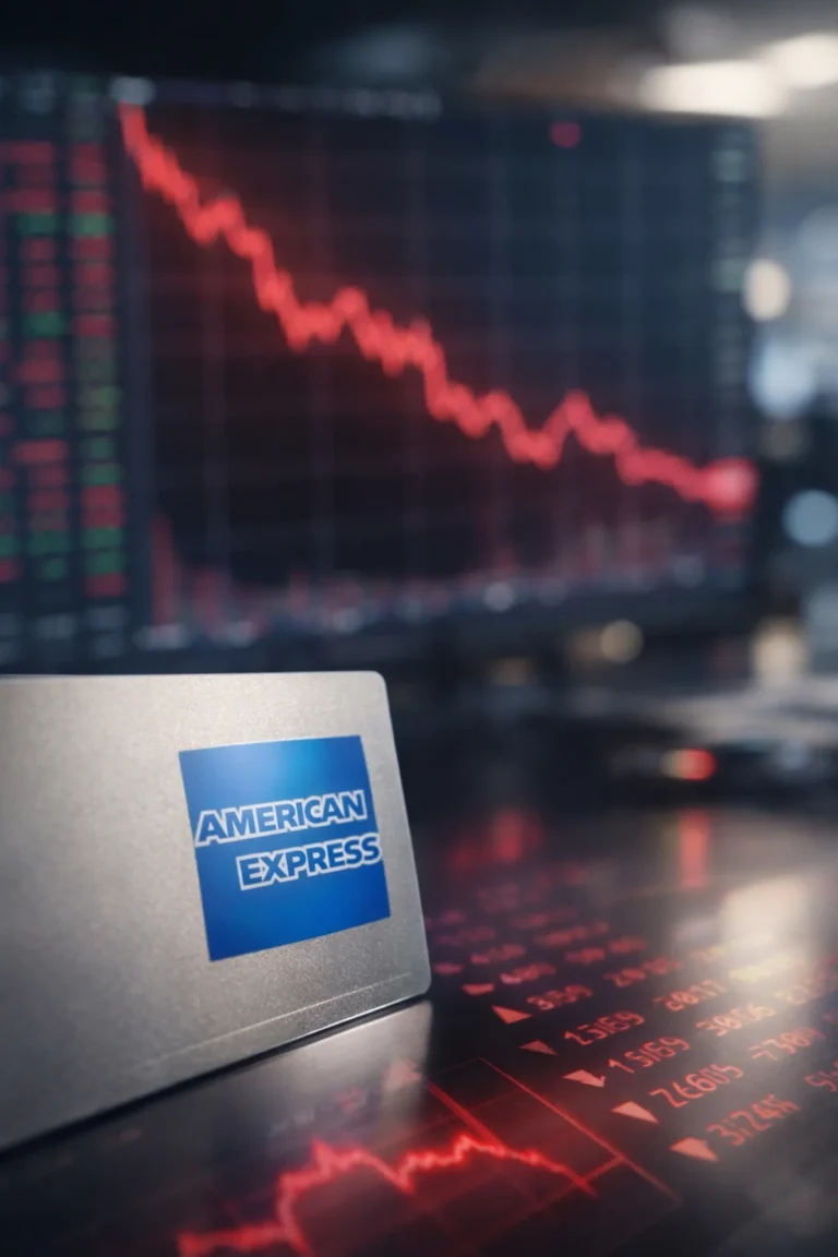 American Express AXP stock decline with red downward market chart on trading screen background