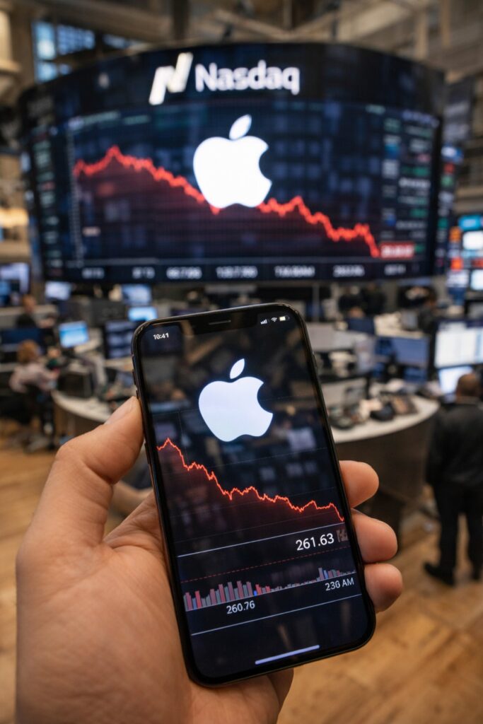 Apple stock chart falling on Nasdaq trading screen as AAPL drops 5 percent amid tech selloff