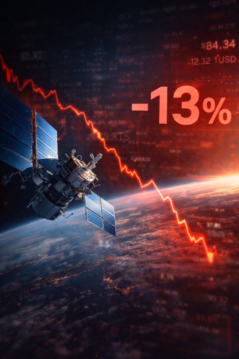 AST SpaceMobile stock drops 13 percent after $1B convertible note financing announcement with satellite and red falling chart