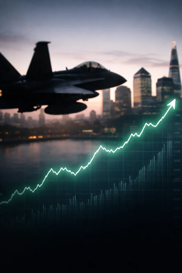 BAE Systems share price surge illustration with fighter jet silhouette and upward stock market chart over London skyline