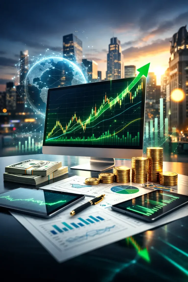 Bandwidth stock chart rising on trading monitor with green upward trend, coins and cash on desk, symbolizing Q4 earnings boost and revenue growth outlook