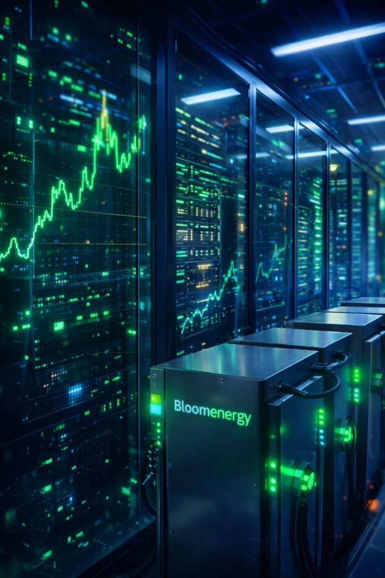 Bloom Energy fuel cell systems powering an AI data center with glowing green stock market chart reflections