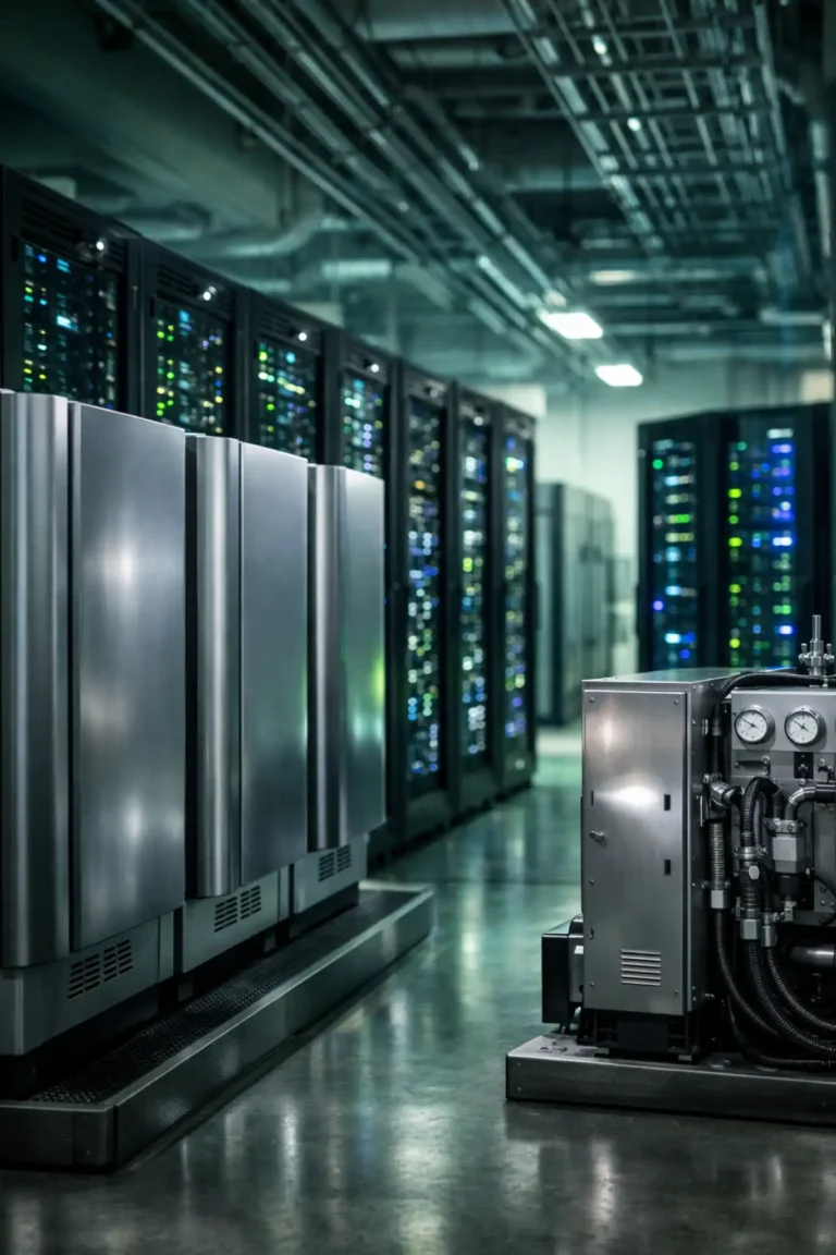 Modern AI data center powered by on-site fuel cell energy system as Bloom Energy benefits from rising AI infrastructure demand