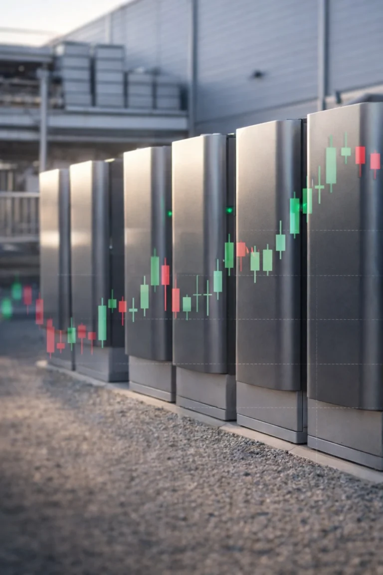 Bloom Energy fuel cell systems at data center with rising stock chart overlay representing NYSE BE breakout