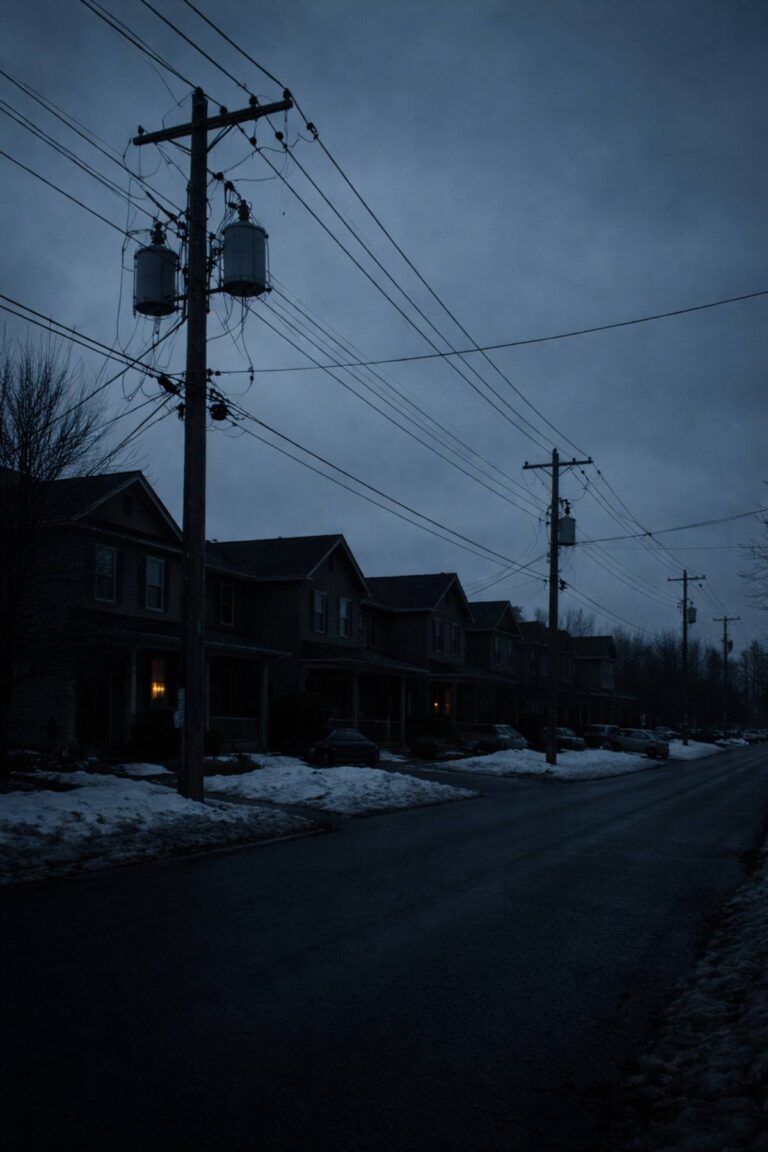 Brampton neighbourhood during a winter power outage with dark homes and overhead power lines