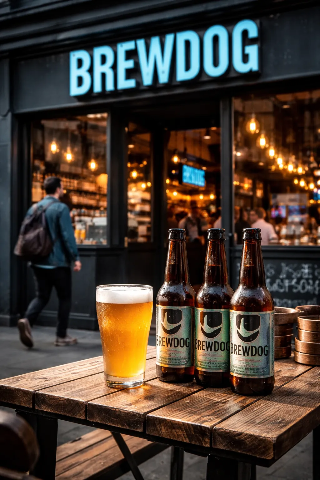 Exterior of a BrewDog craft beer bar at dusk with bottles and a pint of beer in the foreground