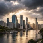 Brisbane skyline after storm with dramatic dark clouds clearing over the Brisbane River at sunset.