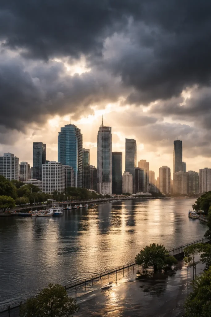 Brisbane skyline after storm with dramatic dark clouds clearing over the Brisbane River at sunset.
