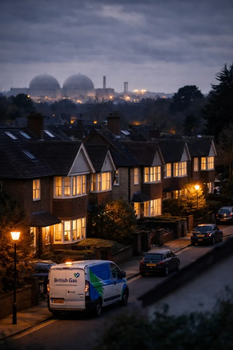 British Gas van parked in a UK suburban street at dusk with illuminated homes and gas storage tanks in the background