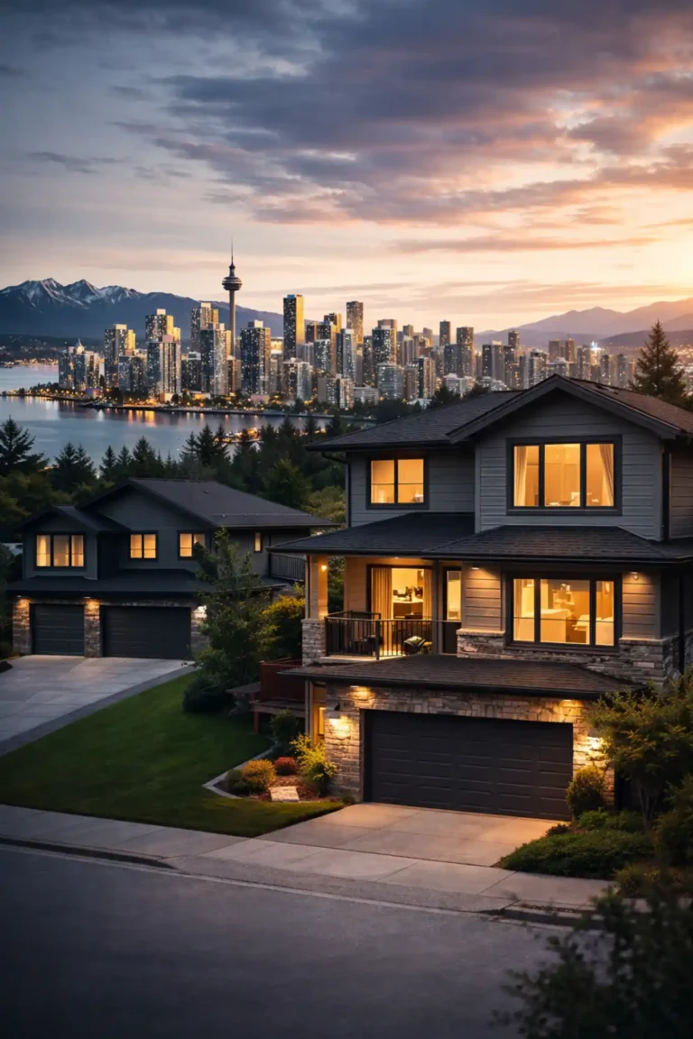 Modern single-family homes overlooking Vancouver skyline at sunset, reflecting Canada’s rising starter home prices and housing affordability crisis