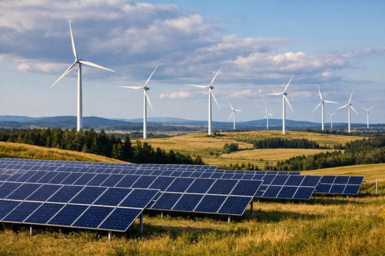 Wind turbines and solar panels across a Canadian landscape representing renewable energy investment