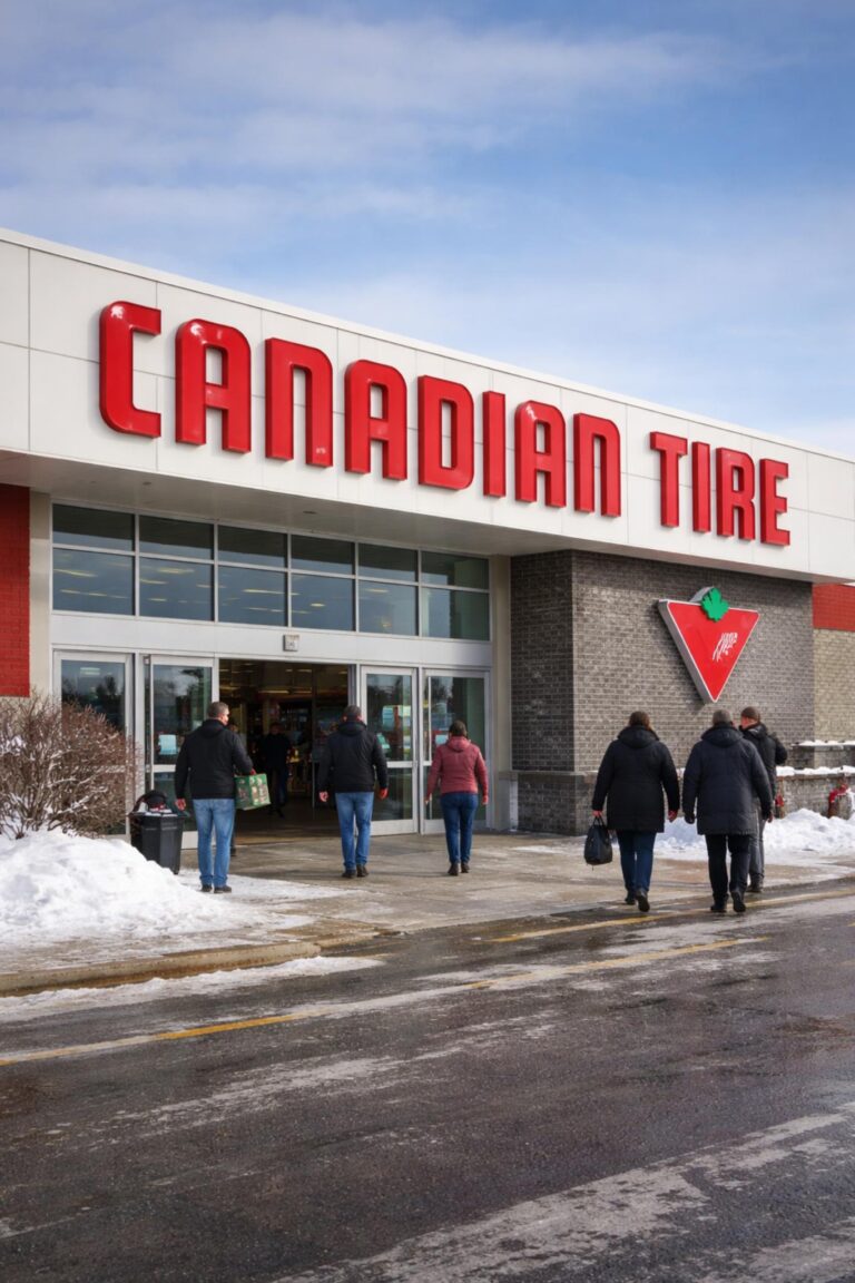 Canadian Tire store exterior in winter with shoppers entering the retail location in Canada