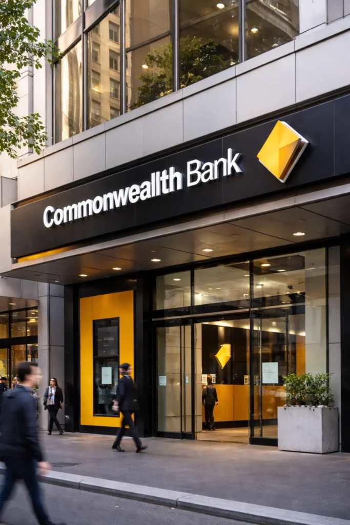 Commonwealth Bank branch exterior with yellow CBA signage in an Australian city setting