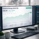 Cenovus Energy TSX CVE stock chart rising on trading monitors with oil refinery background in a clean financial newsroom setting.