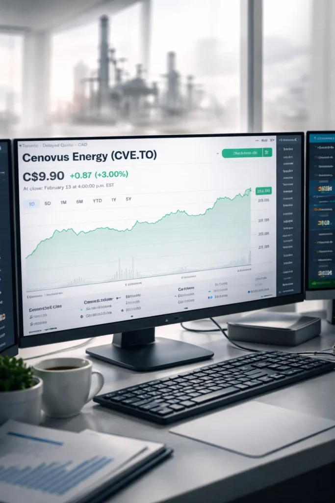 Cenovus Energy TSX CVE stock chart rising on trading monitors with oil refinery background in a clean financial newsroom setting.