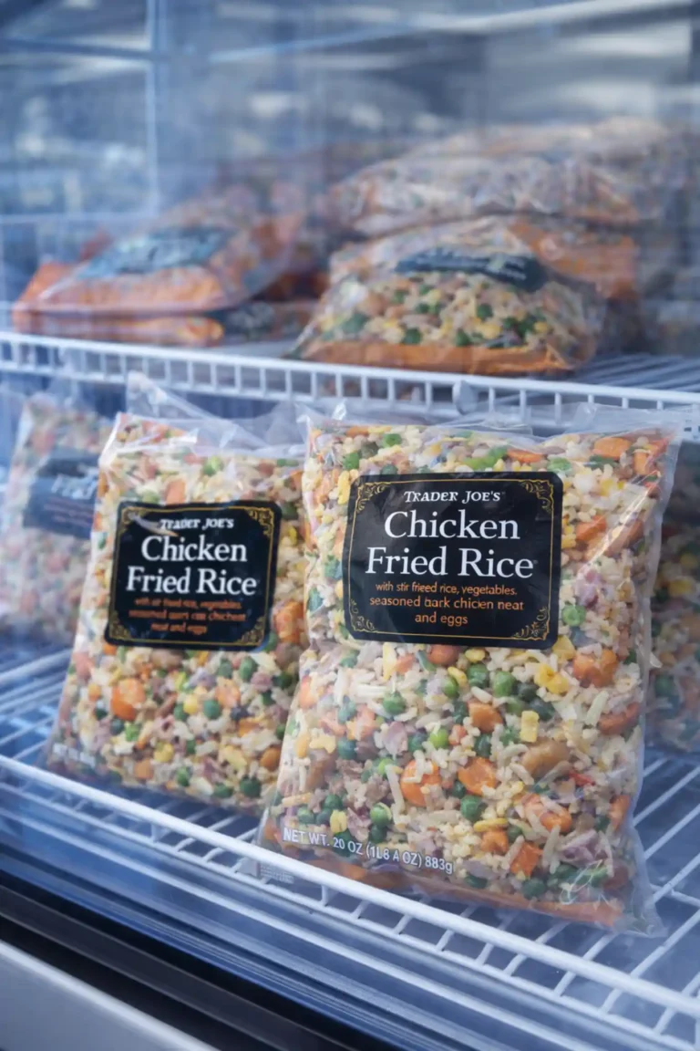 Trader Joe’s frozen chicken fried rice bags inside grocery store freezer during USDA nationwide recall