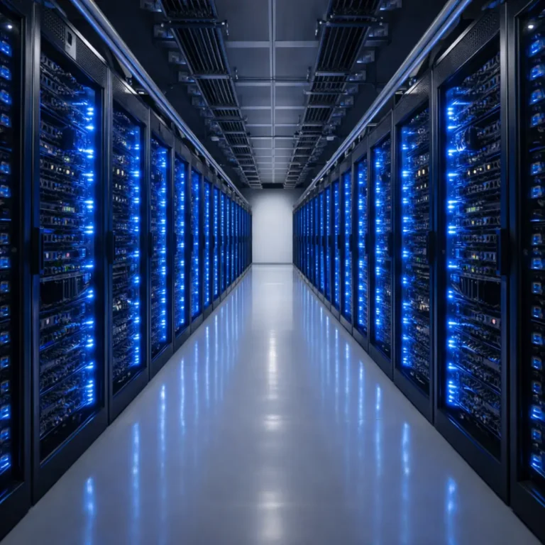 Modern AI data center corridor with rows of illuminated GPU server racks and blue LED lighting