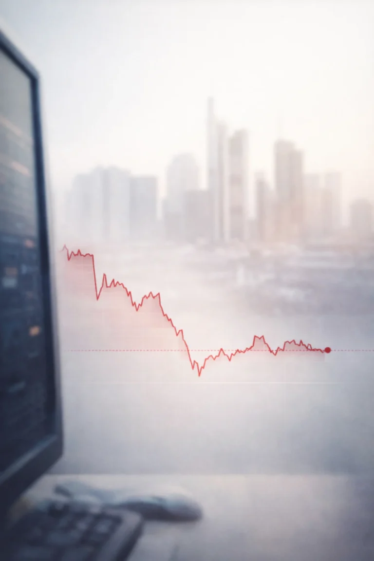 DAX index volatility near the 25,000 level on February 19, 2026, illustrated by a downward red market chart against a blurred Frankfurt skyline background