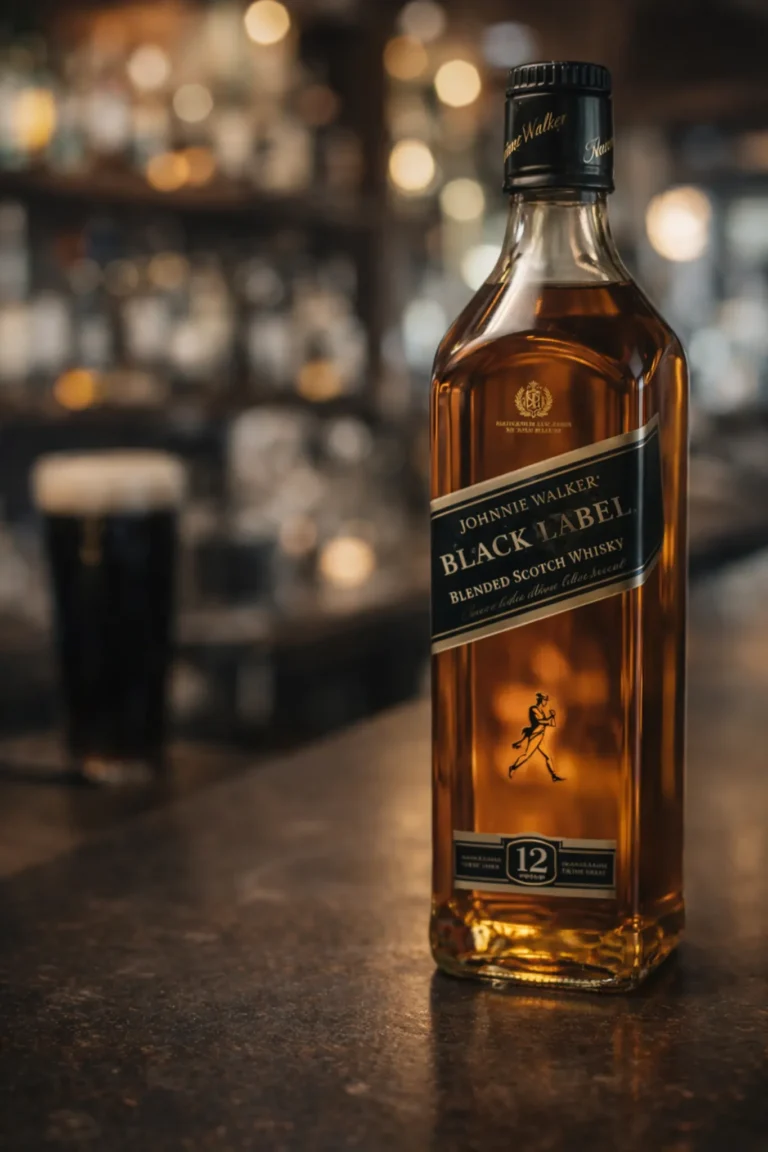 Johnnie Walker Black Label whisky bottle on bar counter representing Diageo shares decline after H1 earnings and dividend cut