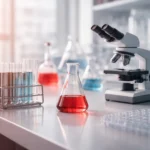 Modern biotechnology laboratory with microscope and red liquid in flask on clean white lab bench, bright clinical environment, no text overlay.
