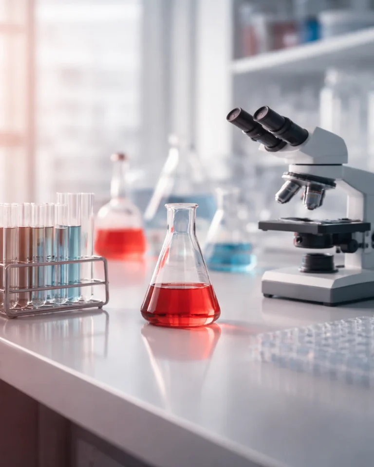 Modern biotechnology laboratory with microscope and red liquid in flask on clean white lab bench, bright clinical environment, no text overlay.