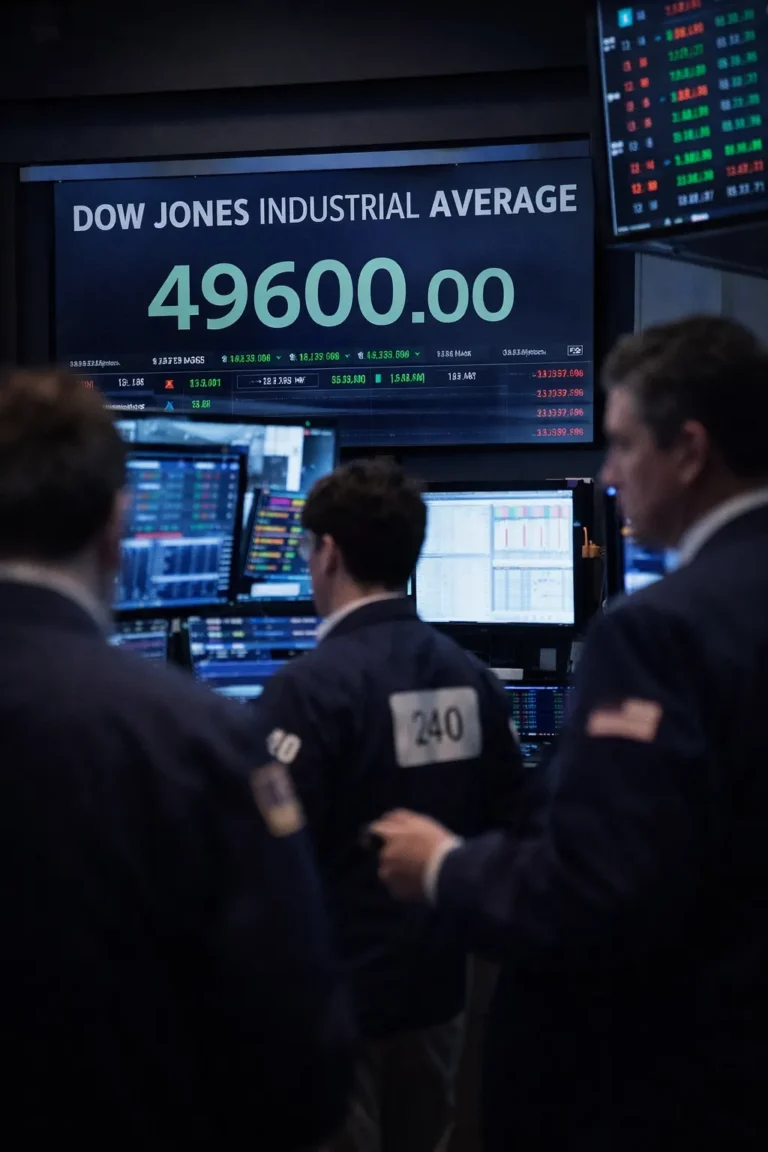 Dow Jones near 49,600 on trading floor after 15% global tariff shock