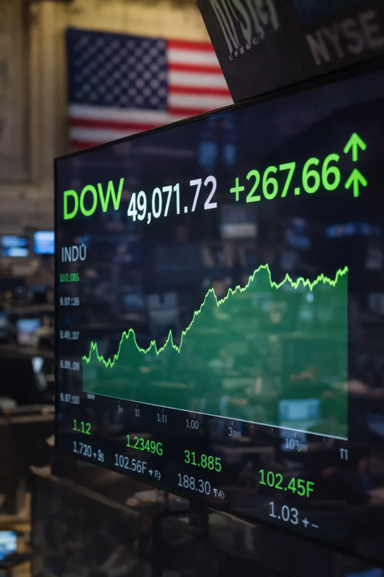 Dow Jones above 49,000 with 267-point rally on NYSE trading board.