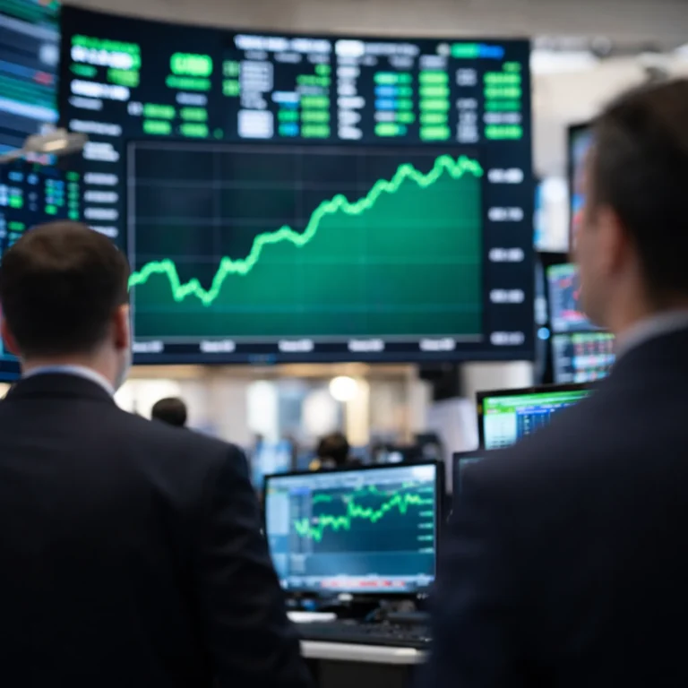 Dow Jones rally with green stock chart on trading floor before Nvidia earnings report.