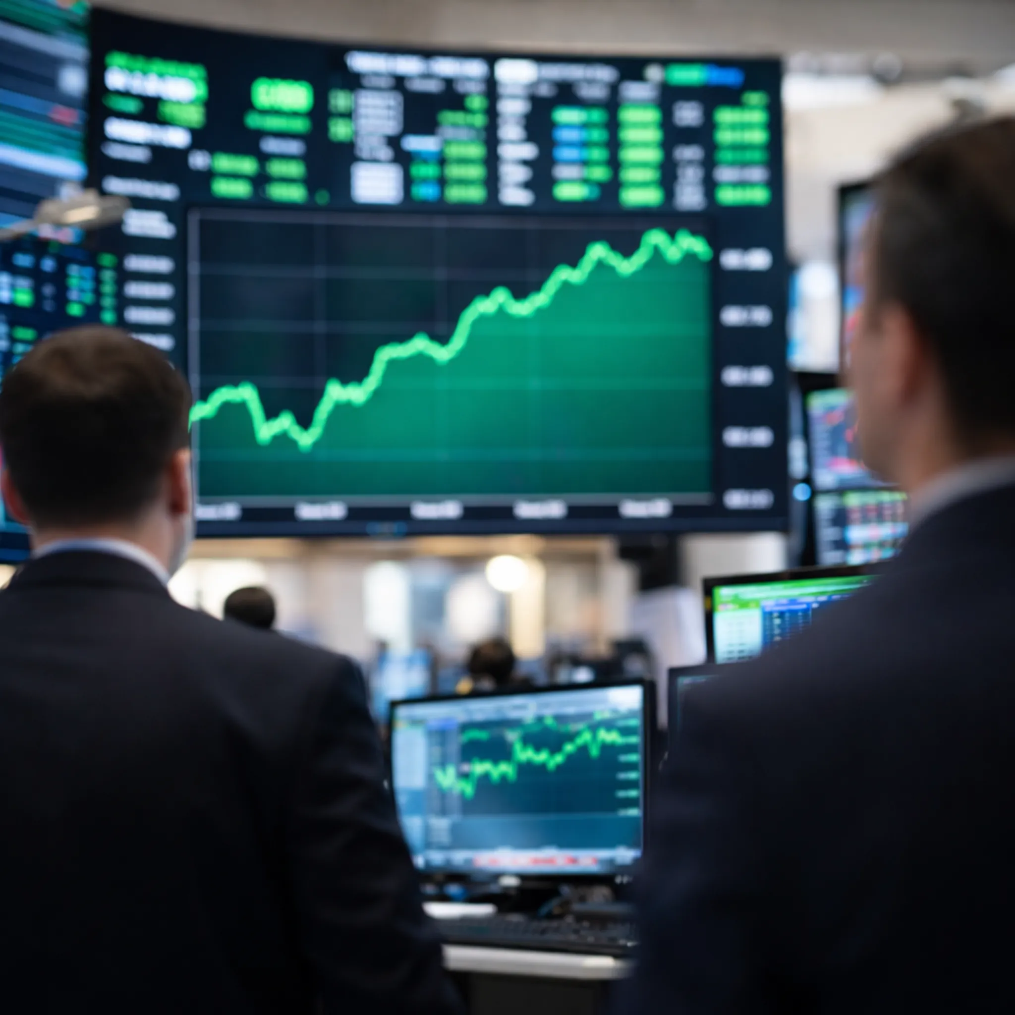 Dow Jones rally with green stock chart on trading floor before Nvidia earnings report.