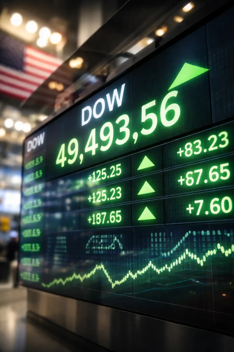 Dow Jones Industrial Average rising near 49,493 with green upward arrows on Wall Street trading board
