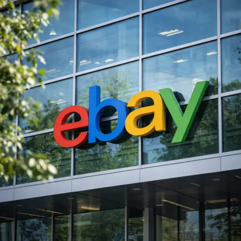 eBay headquarters building with colorful logo displayed on modern glass office facade