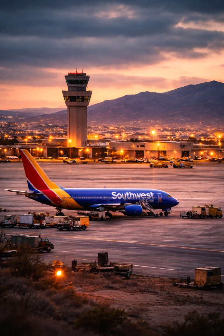 FAA airspace closure at El Paso International Airport with grounded aircraft and control tower at sunrise