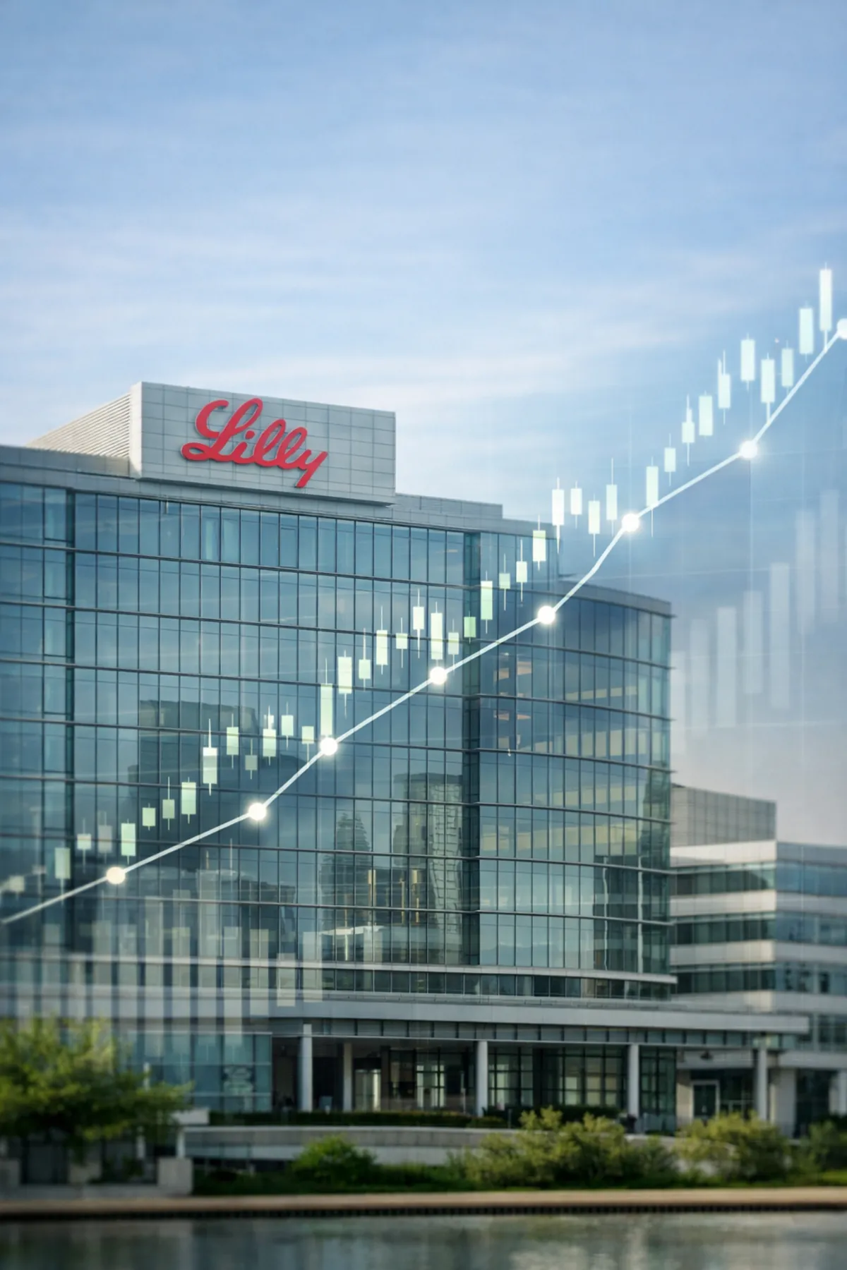 Eli Lilly headquarters with rising stock chart overlay representing LLY stock growth and obesity drug revenue surge