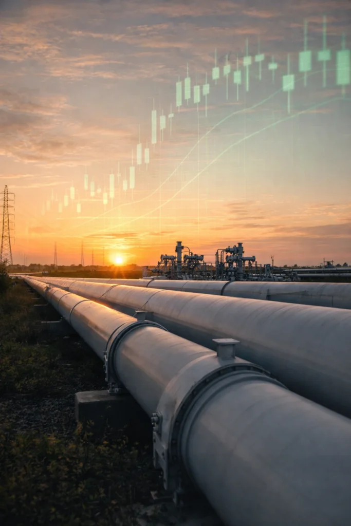 Enbridge natural gas pipeline infrastructure at sunrise with subtle green stock market candlestick overlay representing rising NYSE ENB stock performance