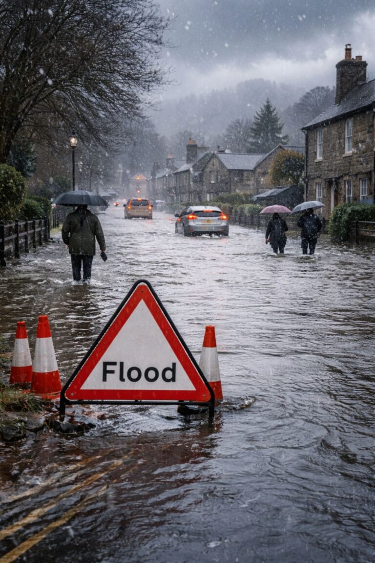 Flooded street in England as heavy rain triggers flood warnings, with cars and pedestrians navigating standing water
