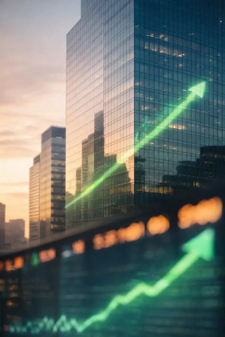 Modern glass financial district skyscraper at sunrise with green upward arrow reflection symbolizing stock market gains