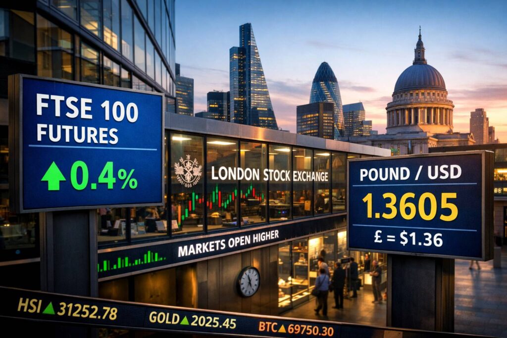 FTSE 100 futures rise in early UK stock market trade as pound steadies at $1.36
