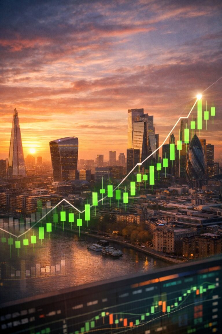 FTSE 100 chart rising above London skyline as UK GDP growth data drives stock market gains