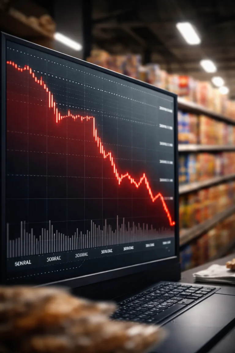 General Mills stock chart plunging with red downward trend after 2026 outlook cut as GIS shares fall 8 percent