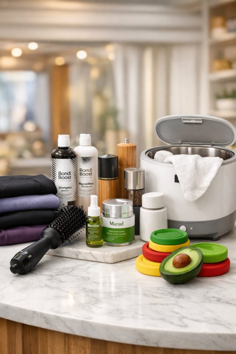 Tory Johnson GMA Deals and Steals beauty, haircare, towel warmer and kitchen essentials displayed on studio table