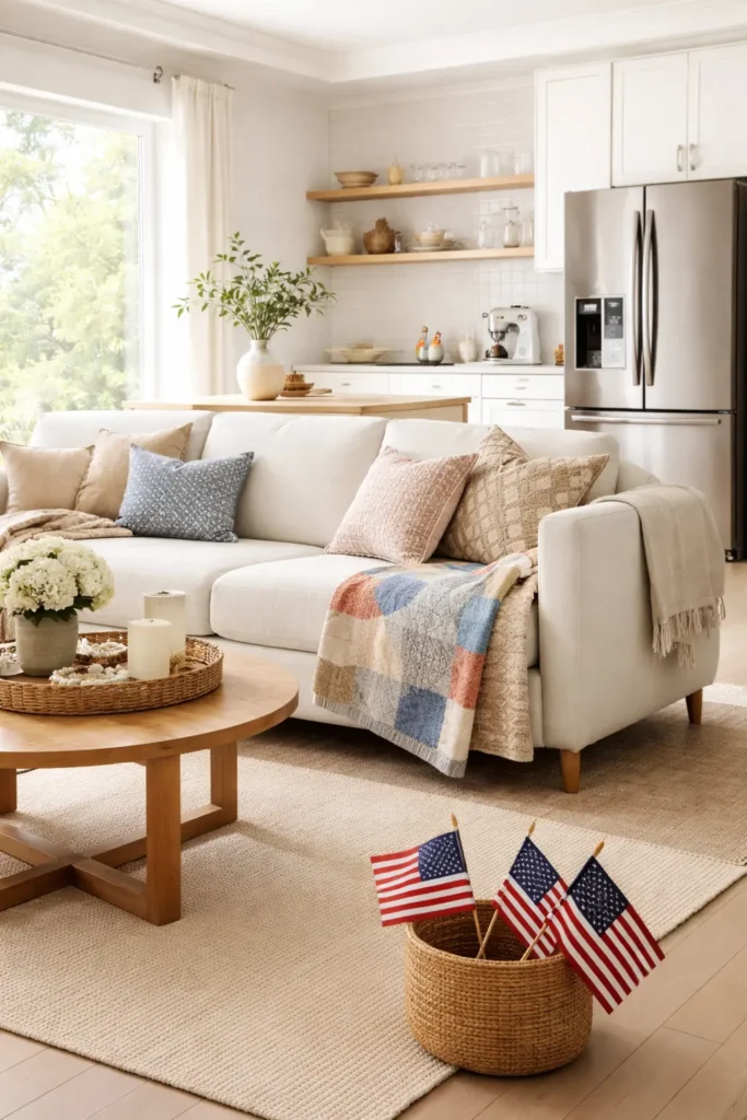 Modern living room and kitchen setup highlighting Presidents Day home deals from Wayfair, Amazon and West Elm.