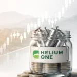 Helium cylinders in glass jar with stacked coins and upward stock chart background symbolizing Helium One LSE trading momentum