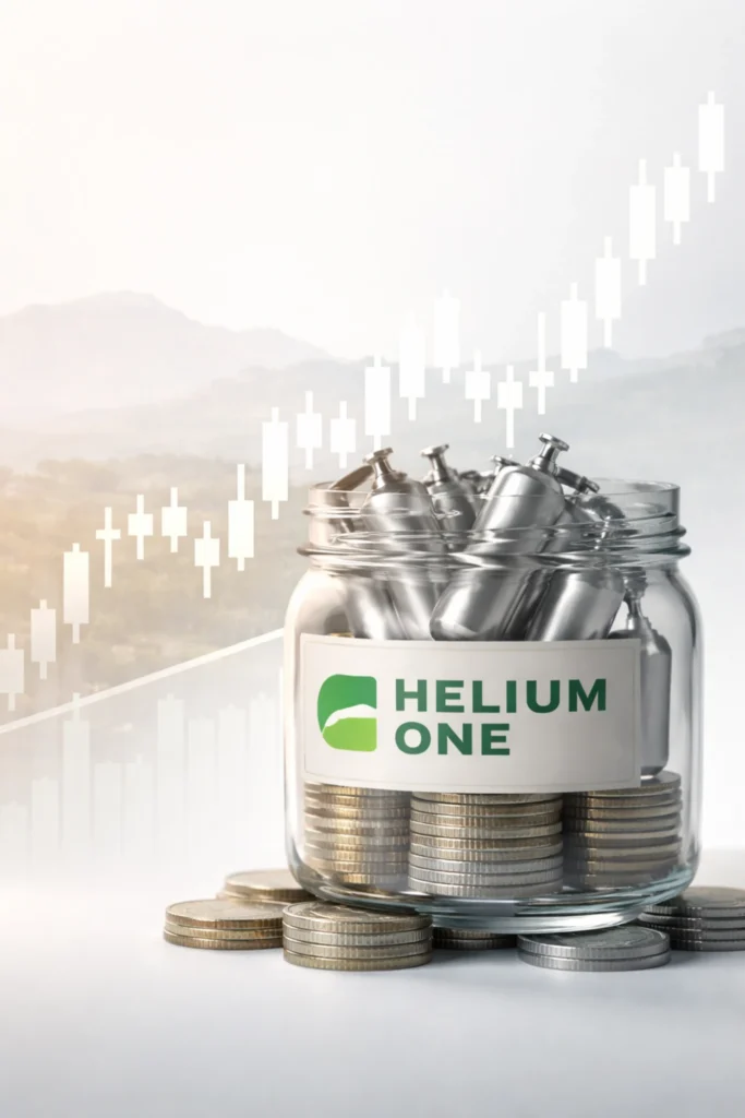 Helium cylinders in glass jar with stacked coins and upward stock chart background symbolizing Helium One LSE trading momentum