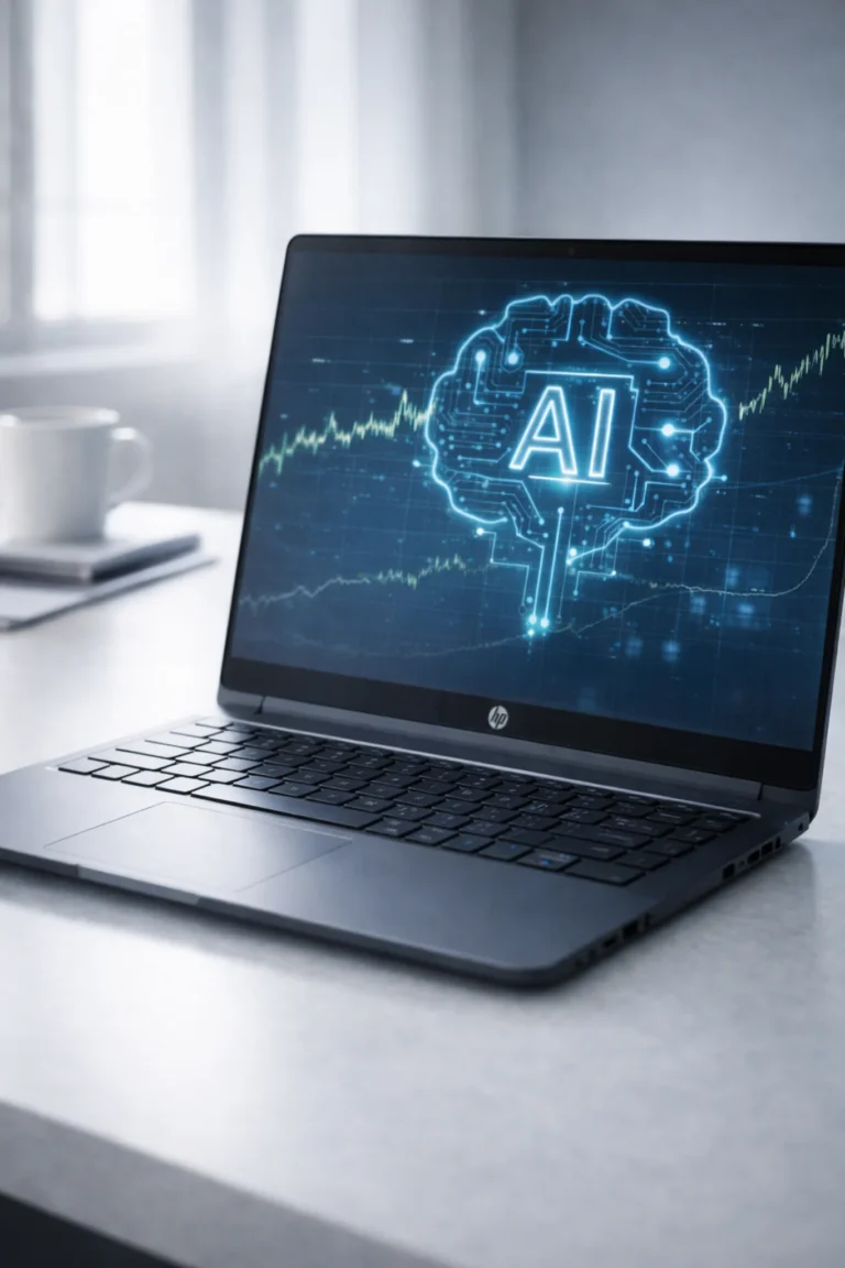 HP Inc AI laptop displaying digital stock chart ahead of HPQ Q1 earnings report