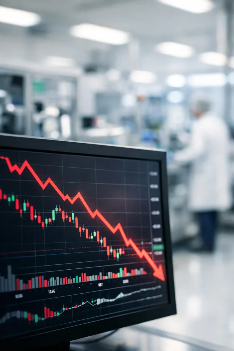 Integer Holdings stock chart showing sharp 38 percent decline with medical device manufacturing facility background
