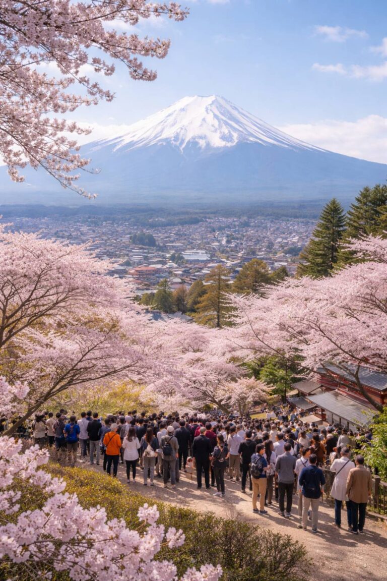 Cherry blossoms near Mount Fuji as Japan cancels a popular festival due to tourist overcrowding
