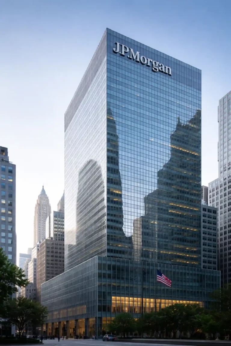 JPMorgan Chase headquarters building in New York’s financial district under clear daylight with American flag in front