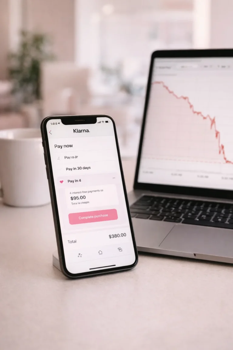 Klarna app on smartphone with stock chart showing sharp price drop