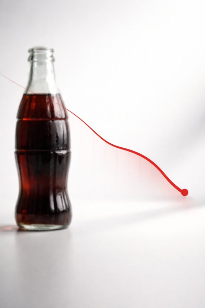 Coca-Cola stock dips after earnings, shown with a downward market trend and minimalist editorial design